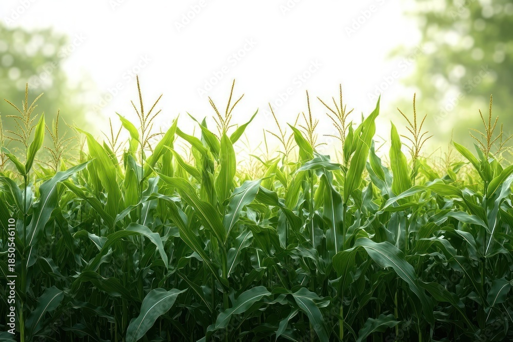 Obraz premium sunlit field of tall green corn stalks with tassels and glossy leaves, backlit morning glow and blurred trees conveying calm fresh rural growth