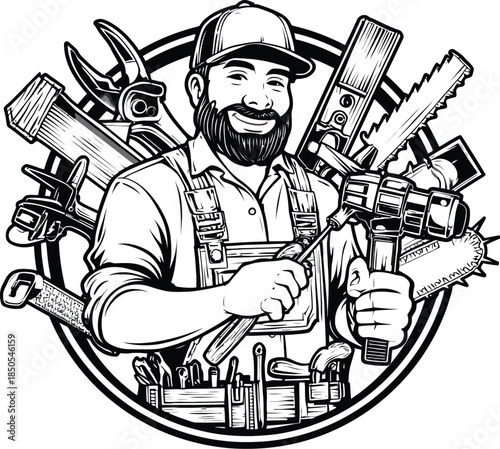 Smiling bearded handyman holding power drill surrounded by various construction tools