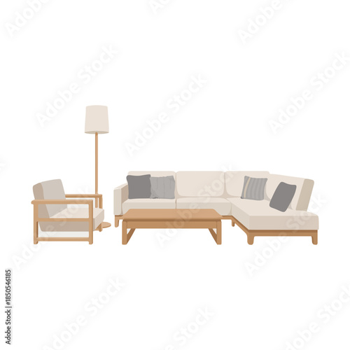 Beige sectional sofa armchair coffee table and floor lamp vector.