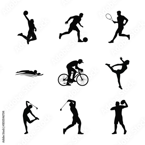 Black silhouettes of athletes engaged in various sports activities white.