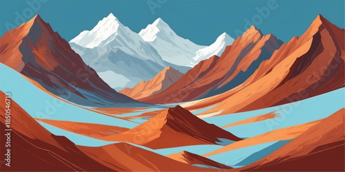 A tranquil mountain meadow scene with sharp peaks under a colorful gradient sky.