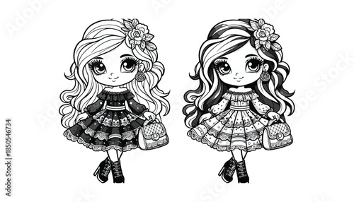 Vector illustration of cartoon fashion girls black and white drawing For children to learn to color according to the picture.