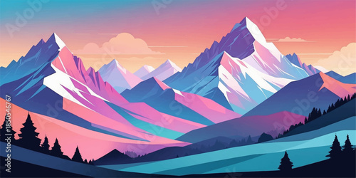 A stunning abstract illustration of snow-capped mountains with a vibrant purple and pink palette.