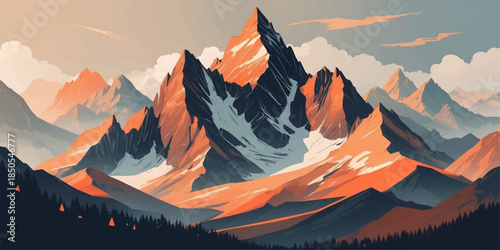 Serene mountain range artwork showcasing a perfect balance of white and brown, orange colors vector landscape.