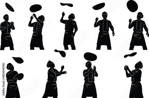 Set of Ten Professional Pizza Chef Silhouettes Tossing and Spinning Pizza Dough in Mid-Air, Representing Italian Cuisine, Cooking, Skill, Restaurant, and Food Preparation, Vector.