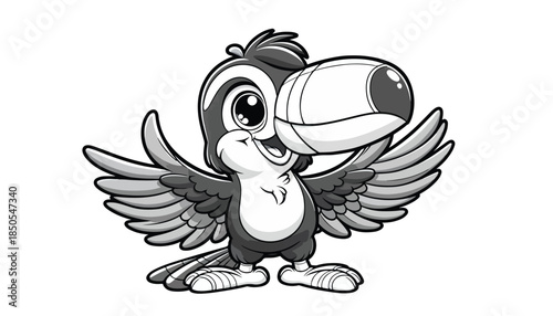 Vector illustration of cartoon bird waving wing greeting black and white drawing For children to learn to color according to the picture.