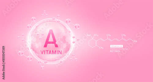 Pink vitamin A complex solution in hexagonal dome with molecules. Chemical structure of Retinol. For cosmetic products ads or supplement. Medical health care skin protection. Vector EPS10.