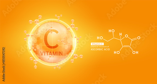 Orange vitamin C complex solution in hexagonal dome with molecules. Chemical structure of Ascorbic Acid. For cosmetic products ads or supplement. Medical health care skin protection. Vector EPS10.