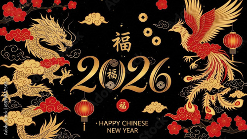 Vibrant Chinese New Year 2026 Celebration with Golden Dragon, Phoenix, and Red Lanterns Decor