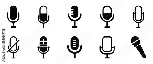 Microphone icon set. Different microphone collection. Podcast icon collection. Collection of microphone icons for podcasting and broadcasting. Vector illustration