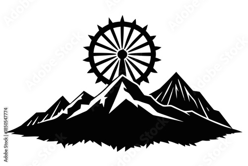 Mountain Range with Dharma Wheel Silhouette Vector Clipart Buddhist Himalayas Illustration Line Art