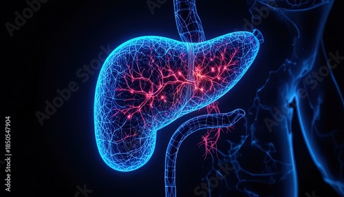 Illuminated three dimensional rendering displays internal human organ structure with glowing vascular network