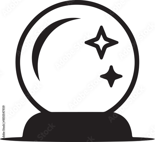 Black and white of a crystal ball with stars and crescent moon fortune telling magic