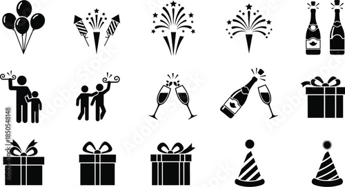 Black silhouette icons set representing various elements for birthday celebrations parties and festive occasions