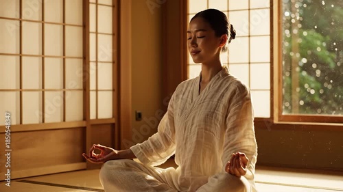 Young Woman Meditates Quietly Indoors Zen Atmosphere