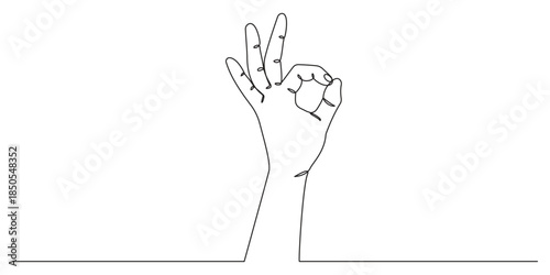  Continuous one line drawing of a hand showing the 'ok' gesture symbol art. Vector illustration.	
