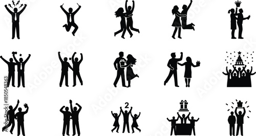 Collection of black silhouette icons representing people celebrating success achievement victory and exciting events