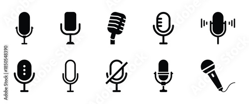 Microphone and mute microphone icon set. Silent audio or sound symbol. Collection of microphone silhouettes. Vector illustration.
