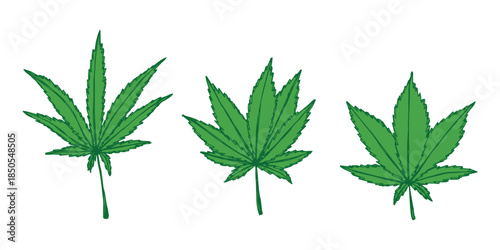 Set of hand drawn cannabis leaf Medicine marijuana Hemp leaves clipart in doodle style Single element for print, web, design, decor