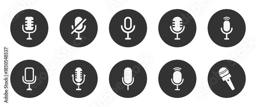 Microphone icon. Audio speech podcast mic vector symbol. Thin line microphone pictogram. Voice record mike icon. Vector illustration.