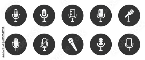 Microphone vector symbol representing sound recording and podcast. Vector microphone silhouette icon set