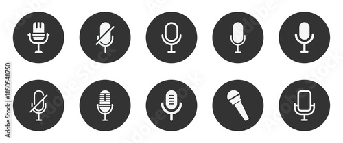 Microphone icon set. Music, recording, podcast, mute, symbols in white color. Audio voice message, audio call, chat record icon. Sound interface and record play button, vector messenger playback.