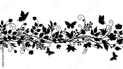Elegant black silhouette of winding botanical vines adorned with delicate butterflies, creating a graceful nature-inspired border design element perfect for various creative projects