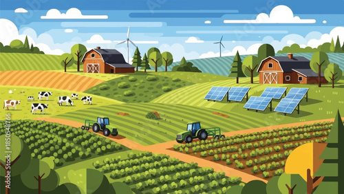 Vibrant Rural Landscape Showcasing Modern Sustainable Agriculture with Tractors, Barns, Wind Turbines, and Solar Panels for Eco-Friendly Farming Practices