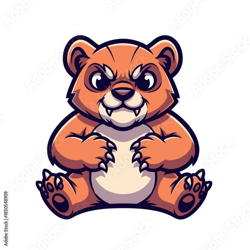Menacing cartoon bear illustration sitting with sharp teeth and angry expression