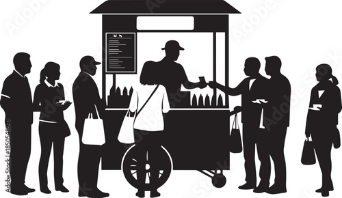 People Queue at Street Food Cart Silhouette Illustration
