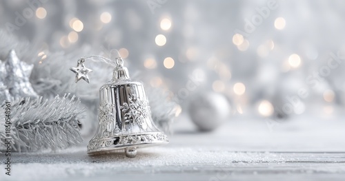 christmas silver background with white stars and a shiny, glimmering bell decoration, on a snowy scene, light gray, white wooden table, shiny lights
