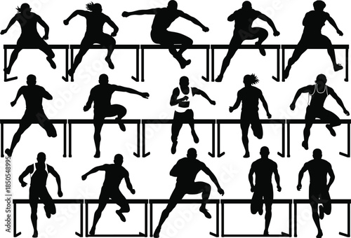 Massive Set of Hurdle Runner Silhouettes, Including Both Male and Female Athletes Leaping Over Barriers, Representing Diversity, Speed, Athletics, Determination, and Olympic Sports Competition.