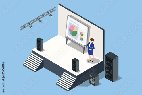 Isometric stand for press conference with presentation screen, equipped with speakers in front of journalists. The audience listens to the leader in the conference room   