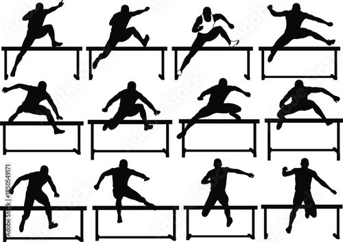 Comprehensive Set of Twelve Hurdler Silhouettes in Various Dynamic Poses Leaping Over Barriers, Representing Track and Field, Athleticism, Determination, Challenge, and Sports Competition.