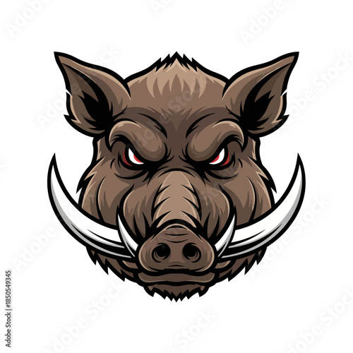 Intense Boar Head Mascot with Sharp Tusks and Angry Expression.