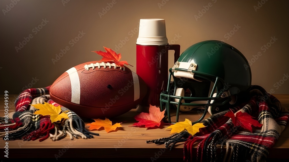 Fototapeta premium Still life arrangement of American football gear and autumn leaves on a wooden table