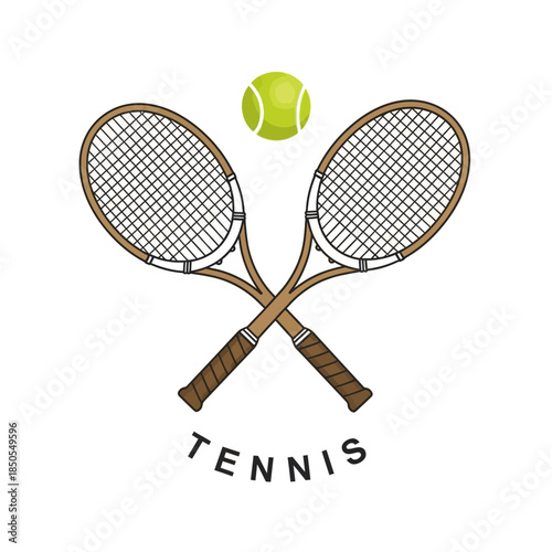 Tennis rackets crossed with a tennis ball above the word tennis.