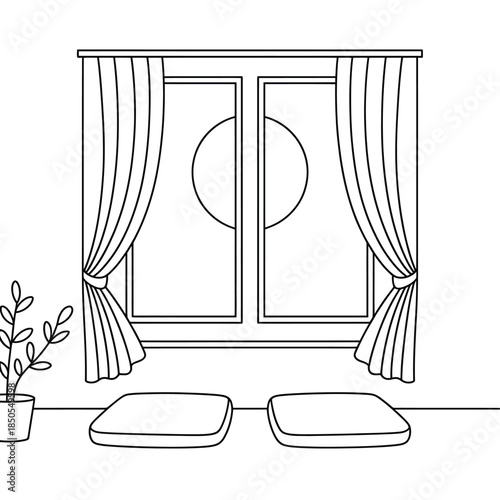 Simple line drawing of a window with curtains and floor cushions
