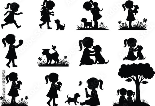 Large Set of Twelve Sweet Silhouettes of a Little Girl Interacting with a Puppy, Flowers, Butterfly, and Tree, Representing Childhood, Nature Play, Friendship, and Innocence, Vector.