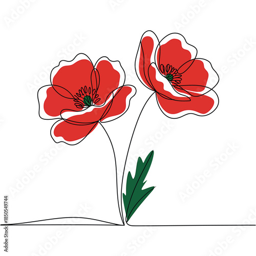 Simple line drawing of two vibrant red poppy flowers with green leaves