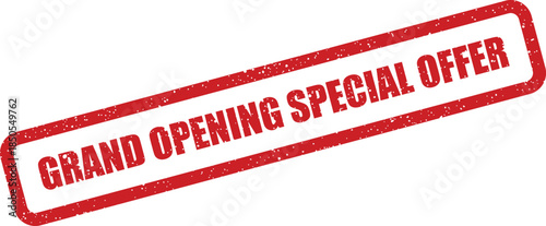 Vibrant red grunge rubber stamp displaying GRAND OPENING SPECIAL OFFER, ideal for business launch promotions and discounts