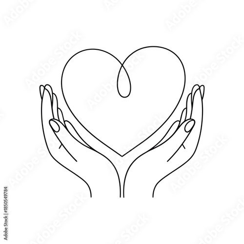 Hands gently cradling a heart shape in a minimalistic line art style