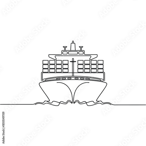 Continuous line drawing of a large cargo ship on the water
