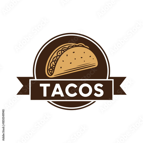A vintage style emblem featuring a delicious taco with bold lettering