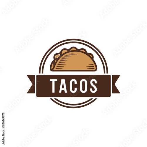 A circular badge design featuring a taco and the word tacos