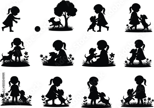 Set of Twelve Sweet Silhouette Illustrations of a Little Girl Playing and Interacting with a Puppy in a Field with Flowers and a Tree, Representing Childhood, Friendship, and Pets.