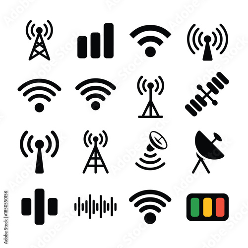 Collection of various wireless communication and network signal icons shown
