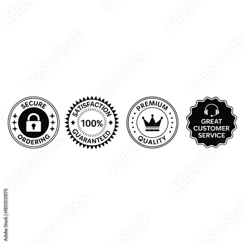 Four quality assurance badges showcasing security satisfaction and customer service