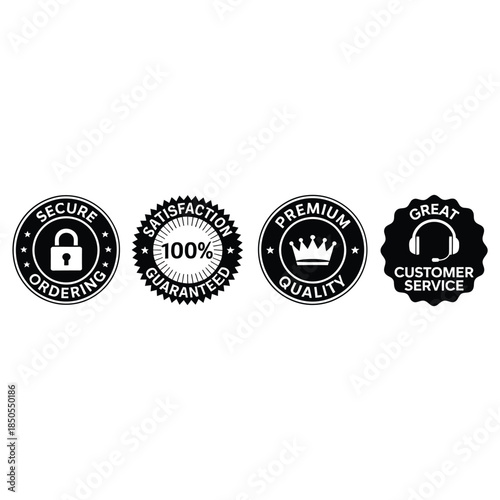 Four circular badges representing security satisfaction quality and service