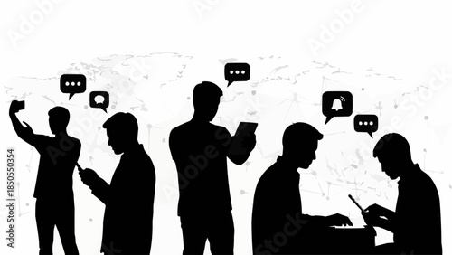 Silhouettes of people engrossed in their smartphones communicating digitally.